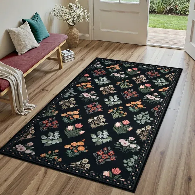 Celiane Floral Washable Rug - Black, Faux Wool product
