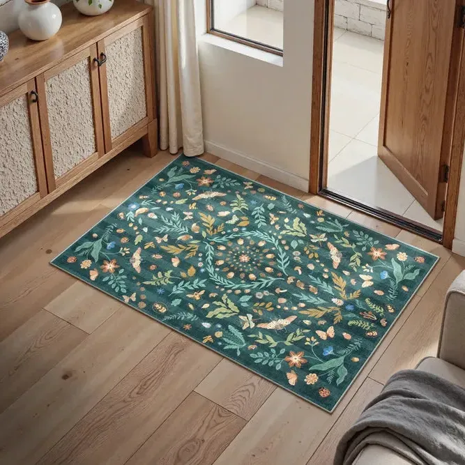 Chloe Insect Botanical Floral Rug - Dark Green, Synthetic Faux Wool product