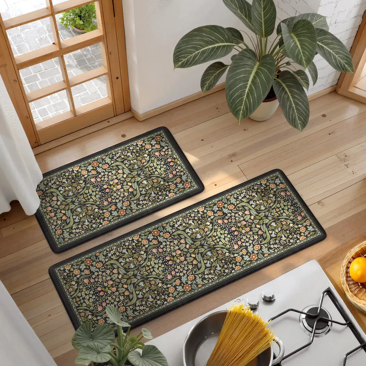 Clarisse Floral Anti-Fatigue Kitchen Mat Set - Black, PVC product