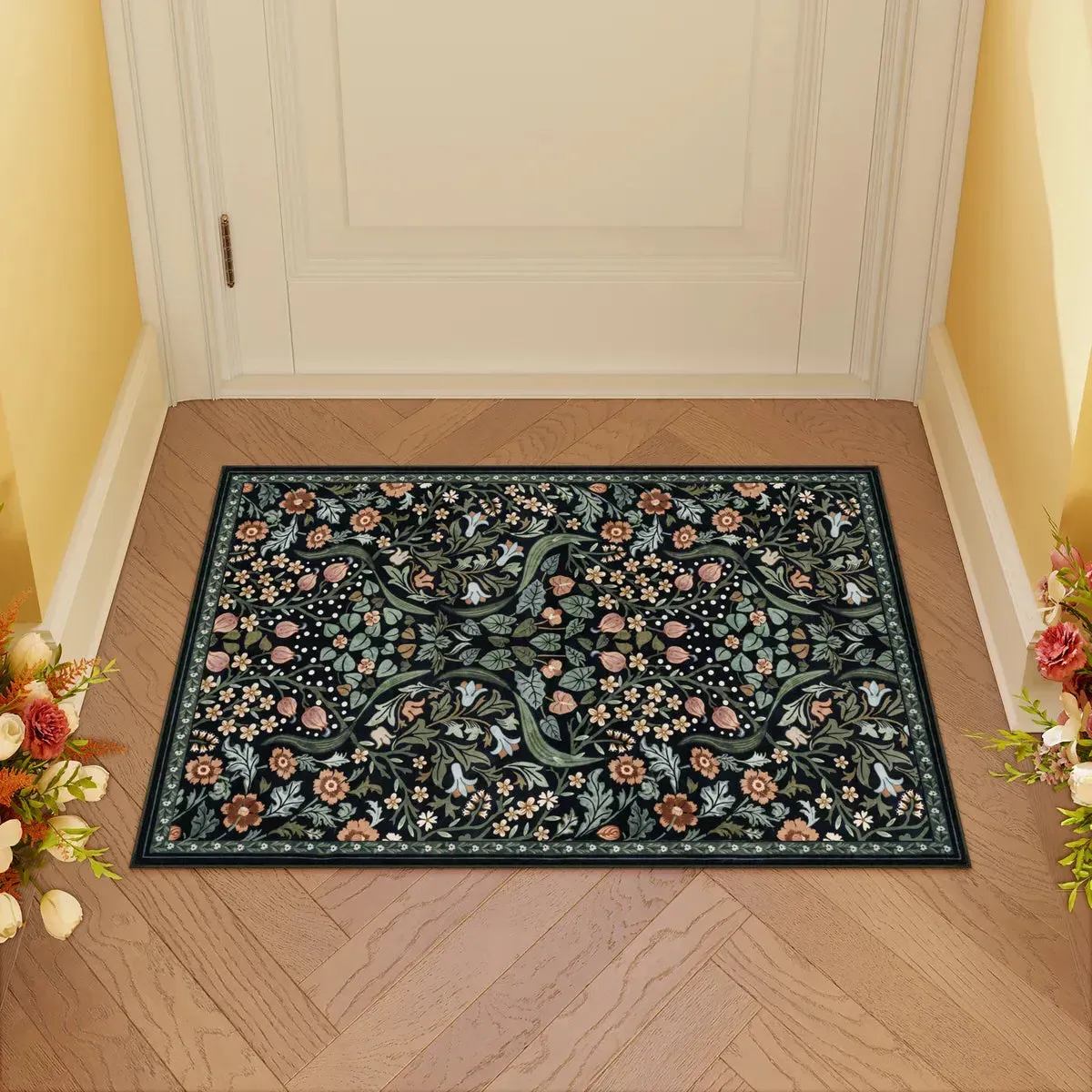 Claude Blossom Floral Small Washable Rug - Black, Polyester product