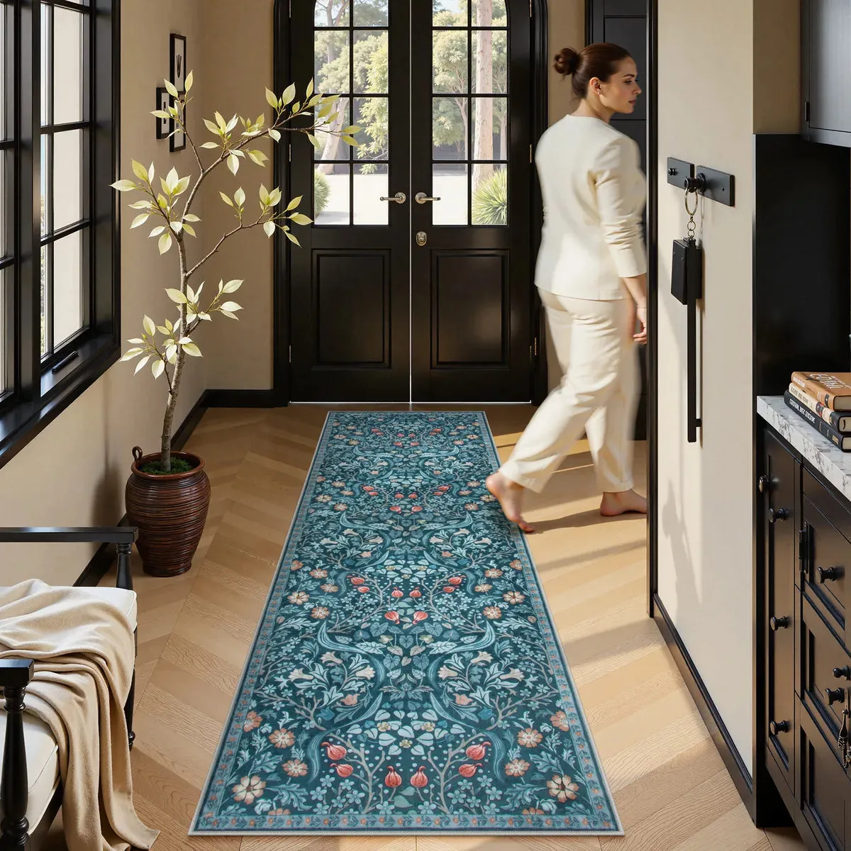 Claude Floral Runner Rug Machine Washable - Teal Blue, Polyester product