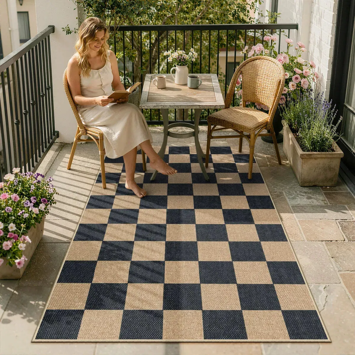 Colette Checkered Indoor/Outdoor Runner Rug - Natural Black, Easy Jute product