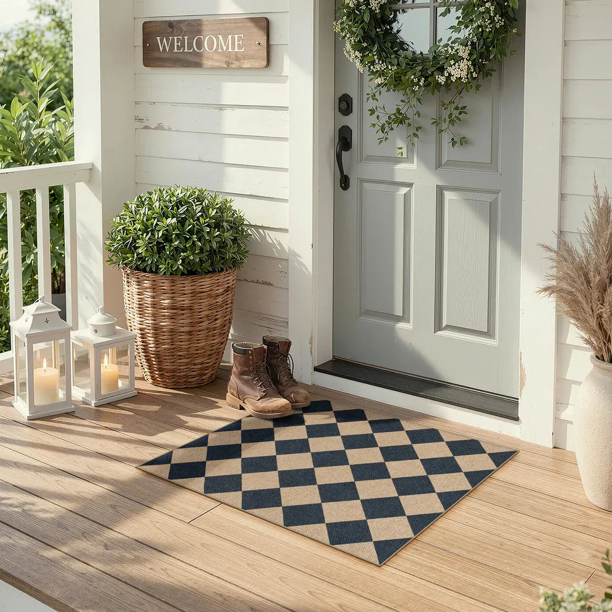 Coline Geometric Checkered Indoor/Outdoor Rug - Black, Jute-Look Polyester product