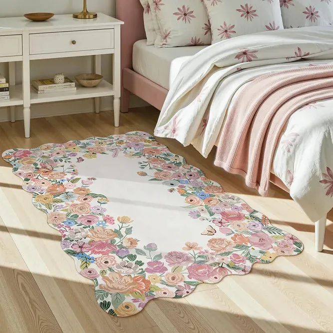 Coralie Floral Scalloped Washable Rug - Cream, Faux Wool product