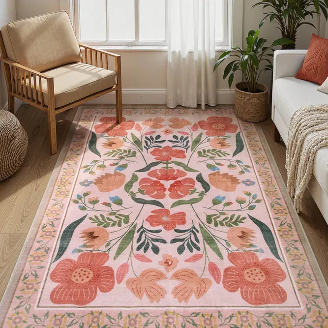 Coriel Fairy Garden Washable Rug - Coral Pink, Faux Wool product