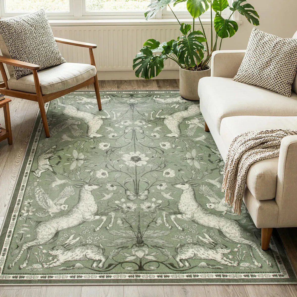 Dorval Vintage Woodland Rug Machine Washable - Olive Green, Faux Wool product