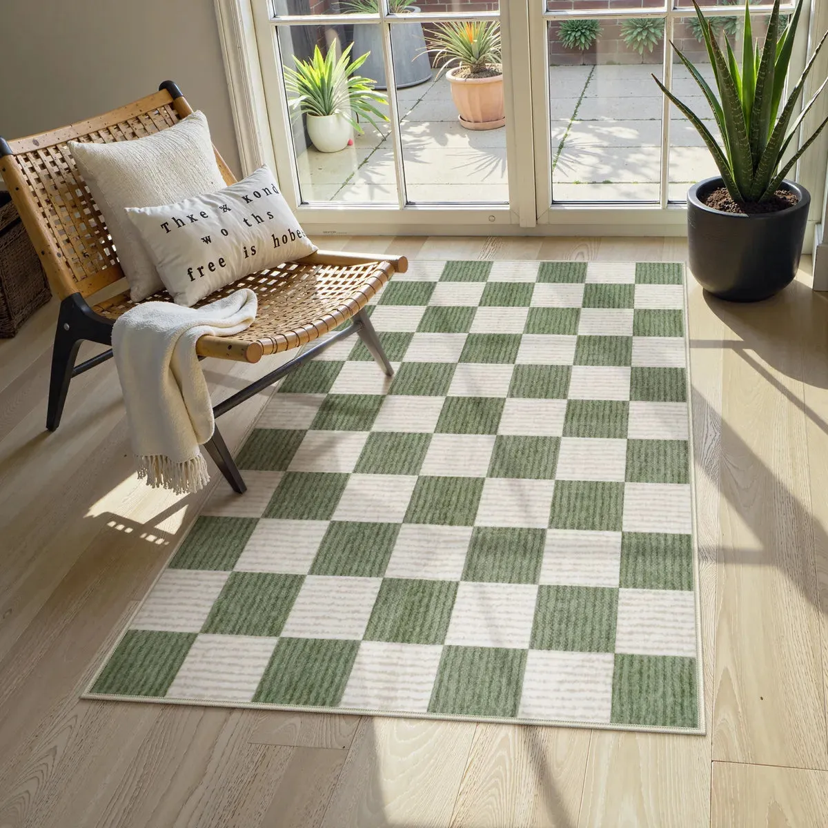 Echec Checkerboard Washable Rug - Olive Green, Faux Wool product