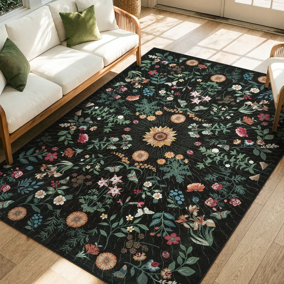 Eclore Boho Botanical Floral Rug - Black, Faux Wool product