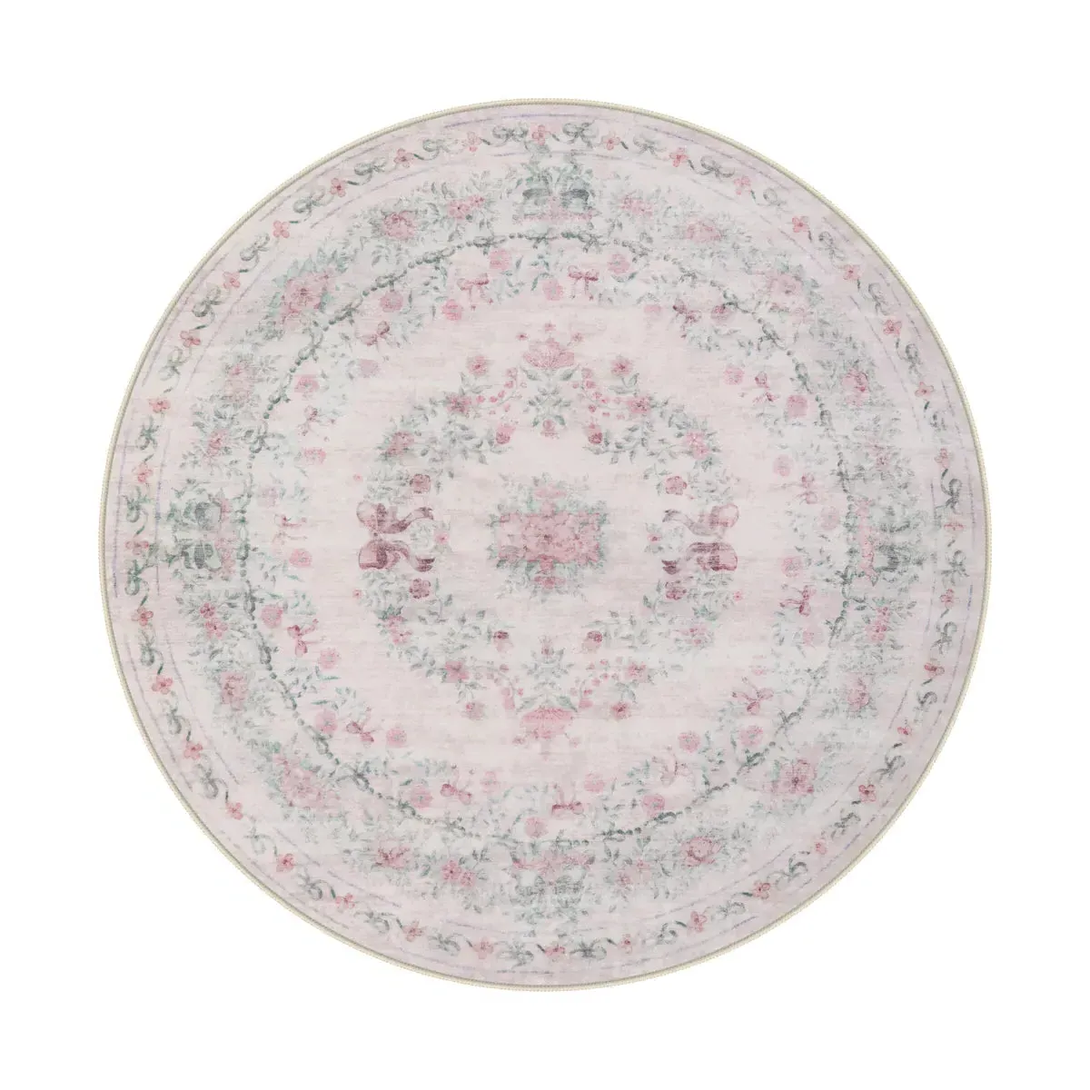 Eliane Round Floral Rug Machine Washable - Pink, Faux Wool product