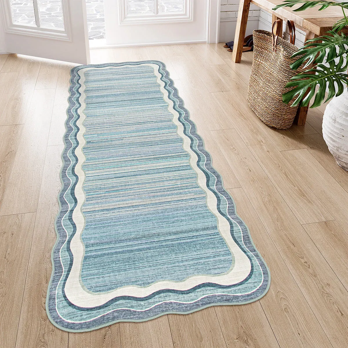 Estelle Scalloped Abstract Bordered Runner Rug - Blue, Faux Wool product