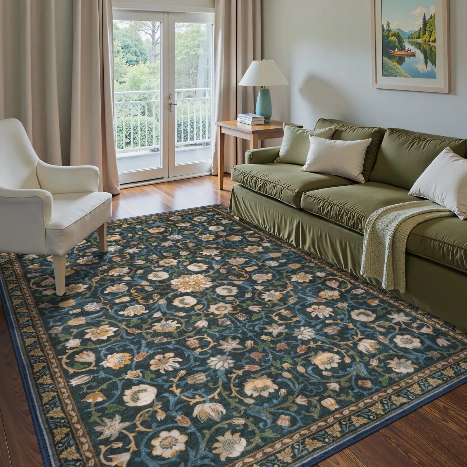 Floral Print 5x7 Area Rug Non-Slip Washable - Tan, Polyester product