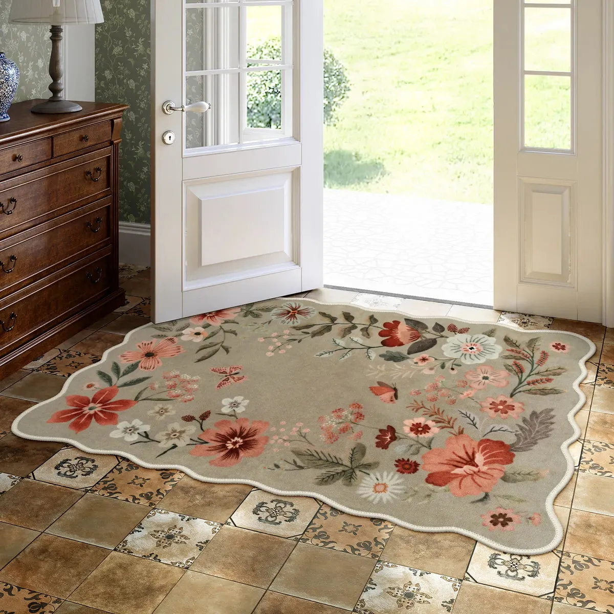 Flore Floral Scalloped Small Area Rug Washable - Brown, Faux Wool product