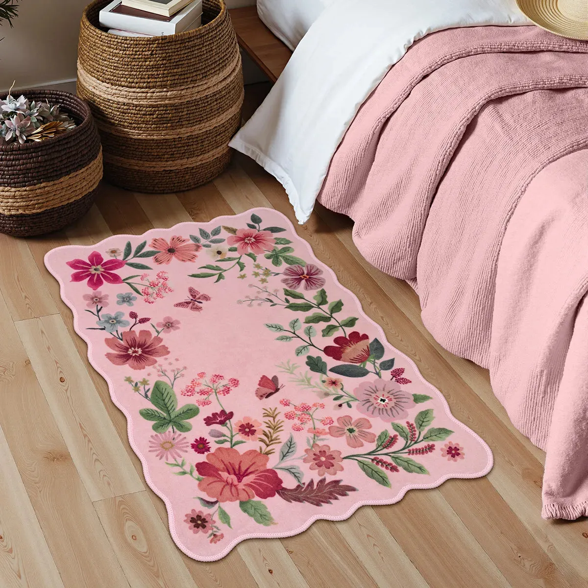 Flore Floral Scalloped Washable Rug - Pink, Synthetic Faux Wool product