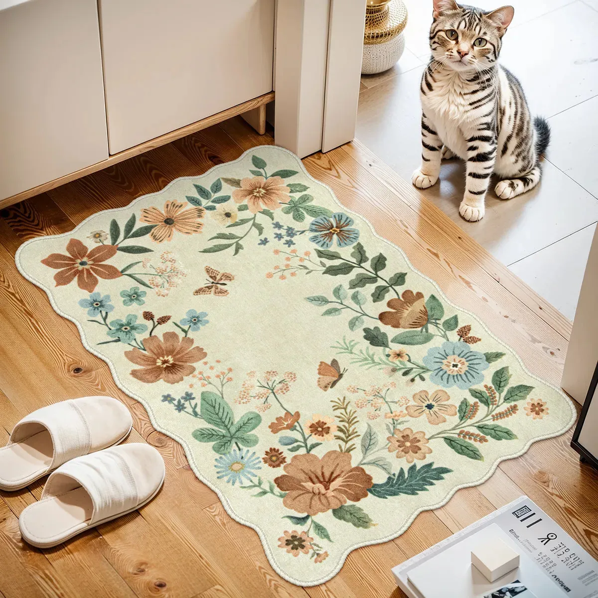 Flore Scalloped Floral Washable Rug - Beige, Faux Wool product