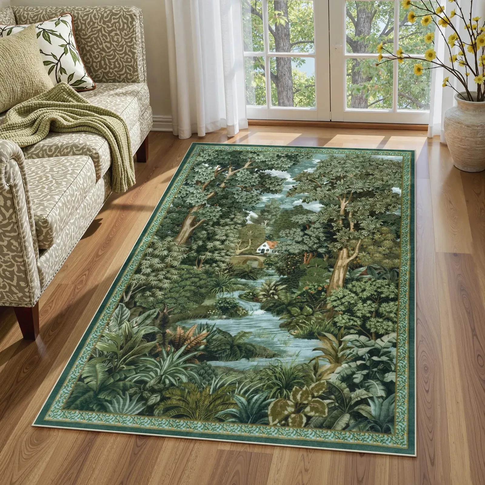 Foret Washable Vintage Woodland Rug - Green, Faux Wool product