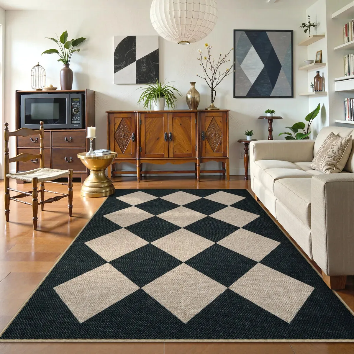 Leane Checkered Indoor/Outdoor Rug - Black/Tan, Easy Jute product
