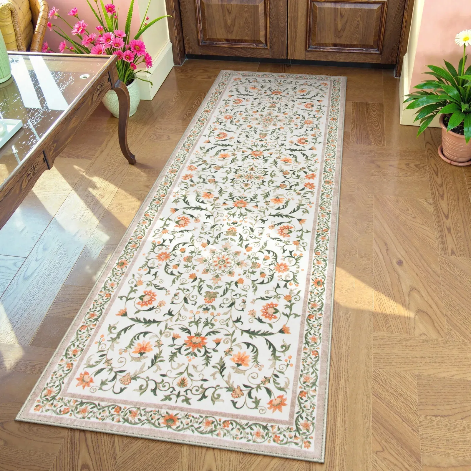Lorevie Floral Runner Rug Washable - Beige, Faux Wool product
