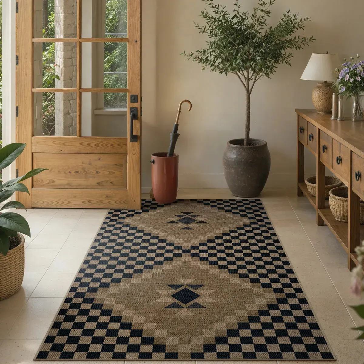 Lunette Tribal Indoor/Outdoor Runner Rug - Black, Easy Jute product