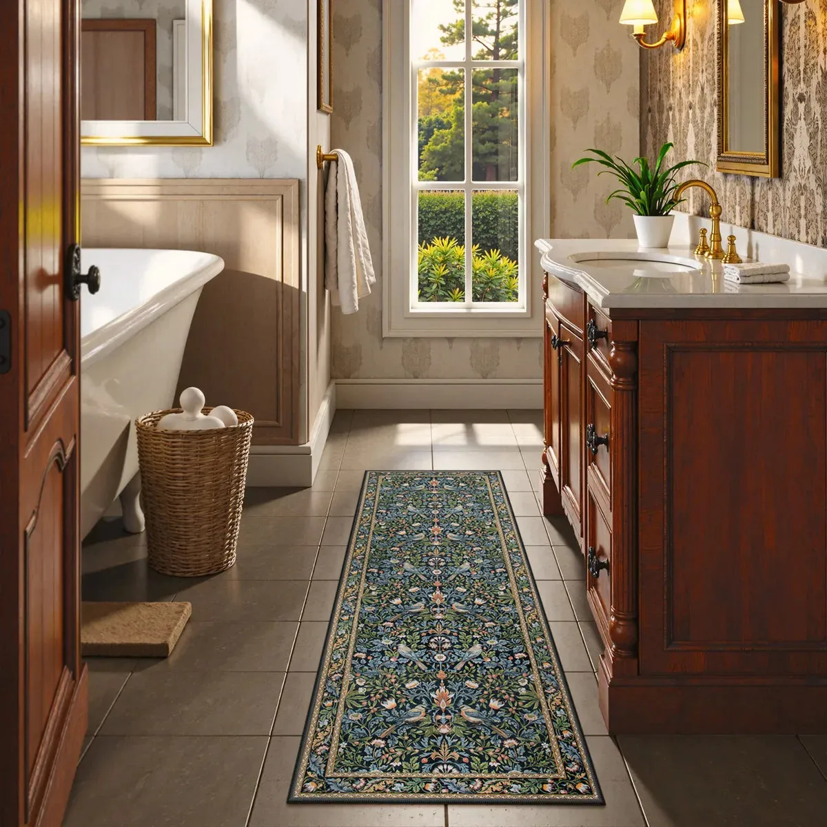 Marcel Floral Bird Small Rug, Machine Washable - Navy Blue, Faux Wool product