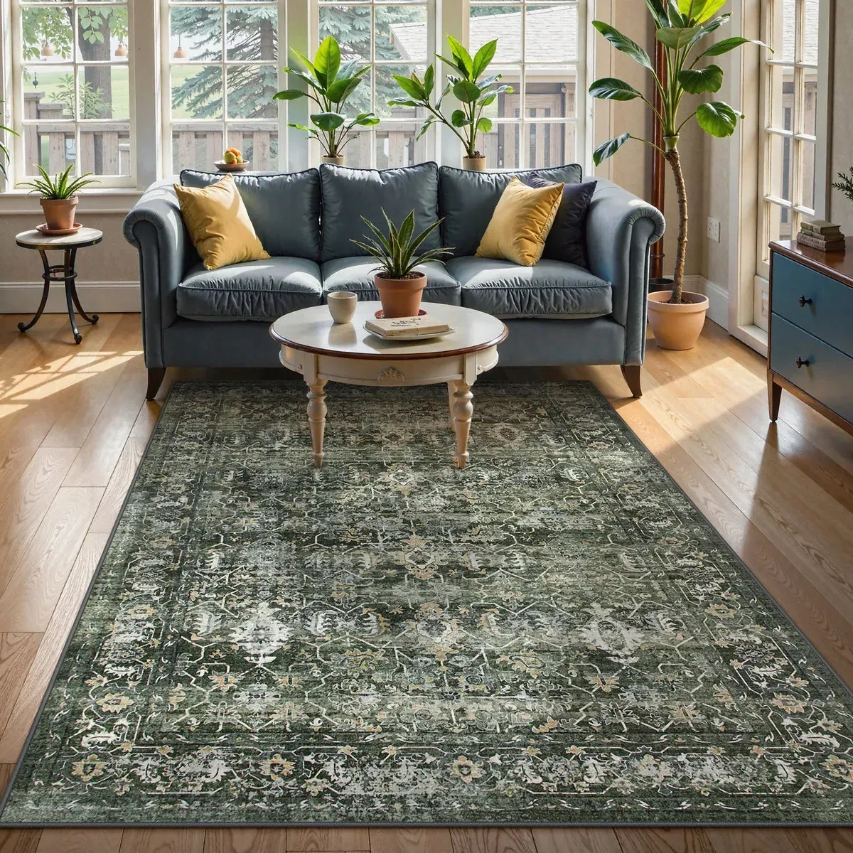 Margot Vintage Distressed Washable Rug - Dark Green, Faux Wool product