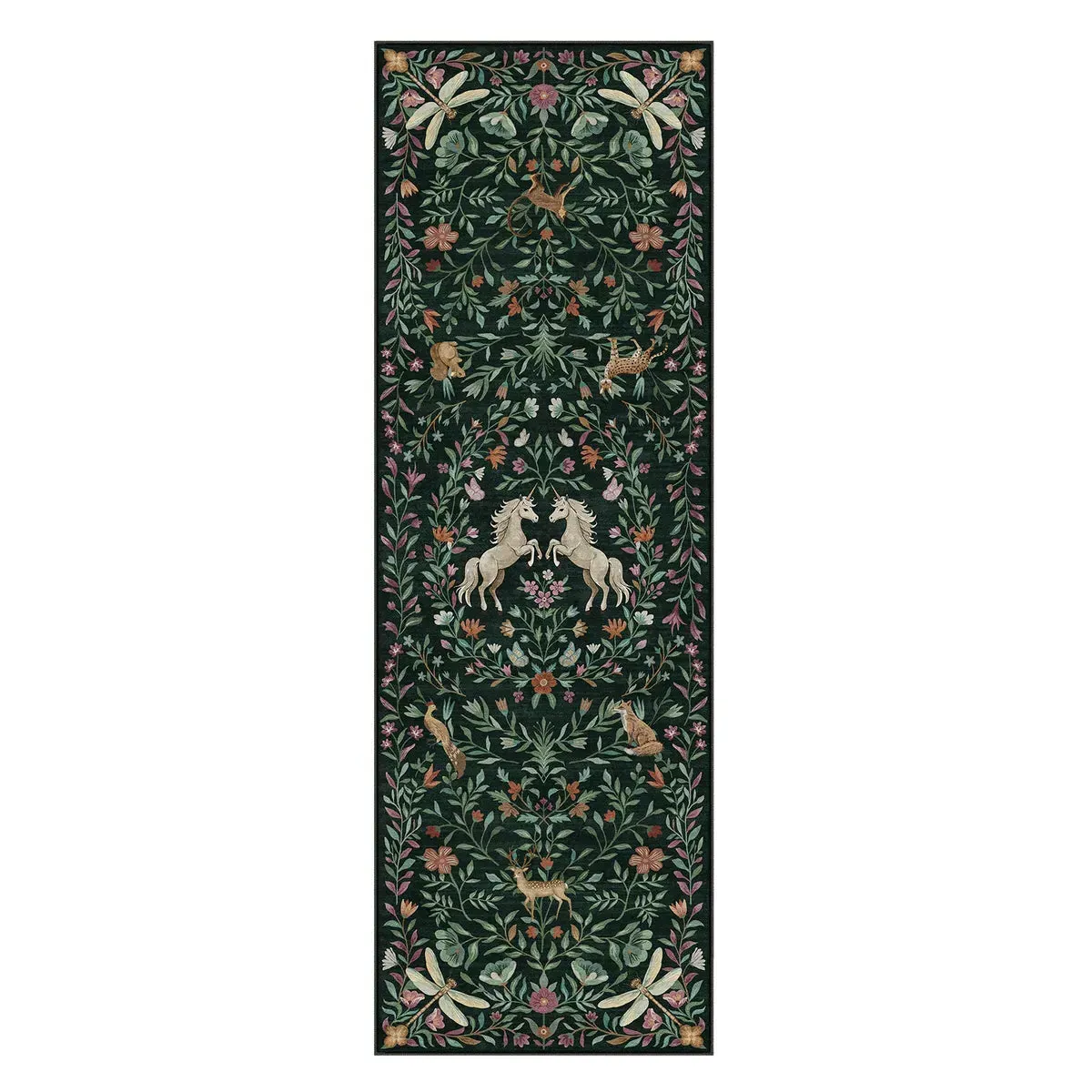 Myrrha Unicorn Fantasy Garden Washable Runner Rug - Dark Green, Faux Wool product