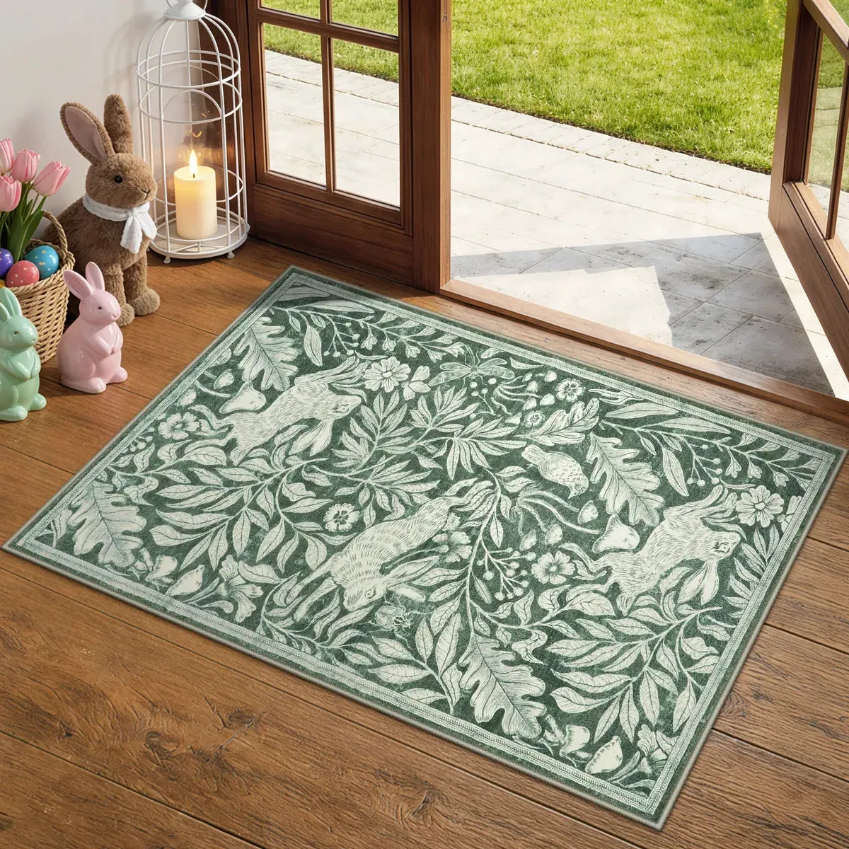 Nadine Vintage Woodcut Forest & Rabbit Washable Rug - Green product