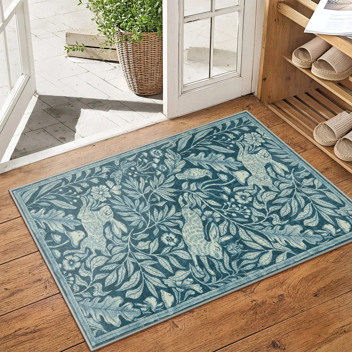 Nadine Washable Woodcut Forest & Rabbit Rug - Blue, Synthetic product