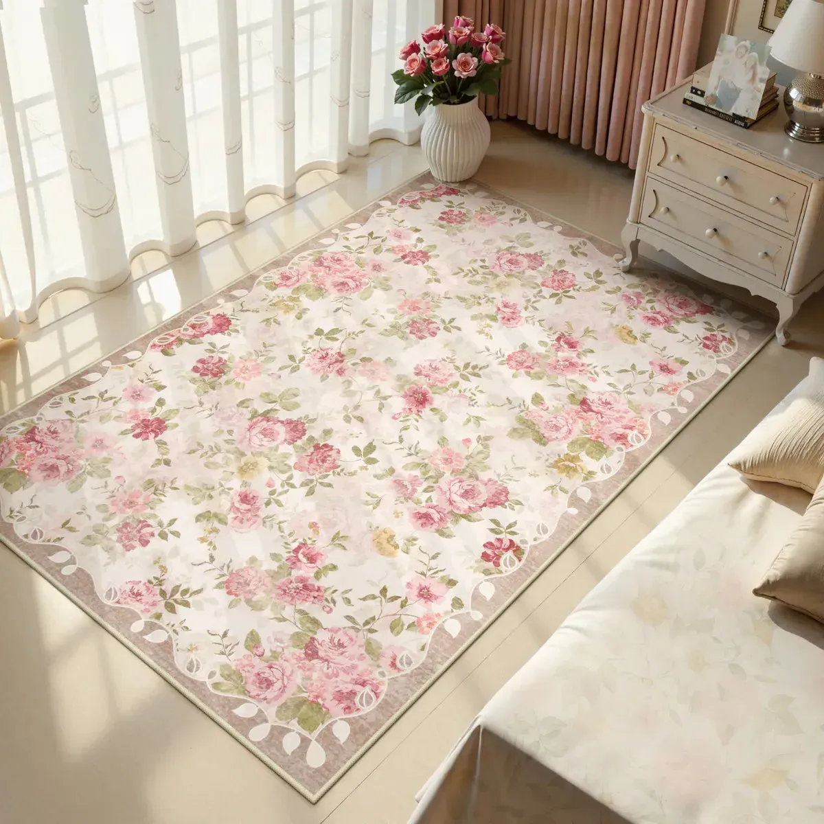 Nina Floral Rose Garden Area Rug 3x5 - Beige, Faux Wool product