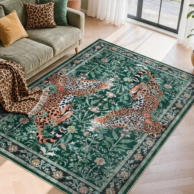 Noirel Vintage Leopard Washable Rug - Green, Faux Wool product