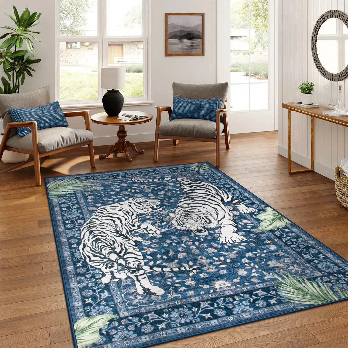 Rava Washable Tiger Rug - Blue, Faux Wool product