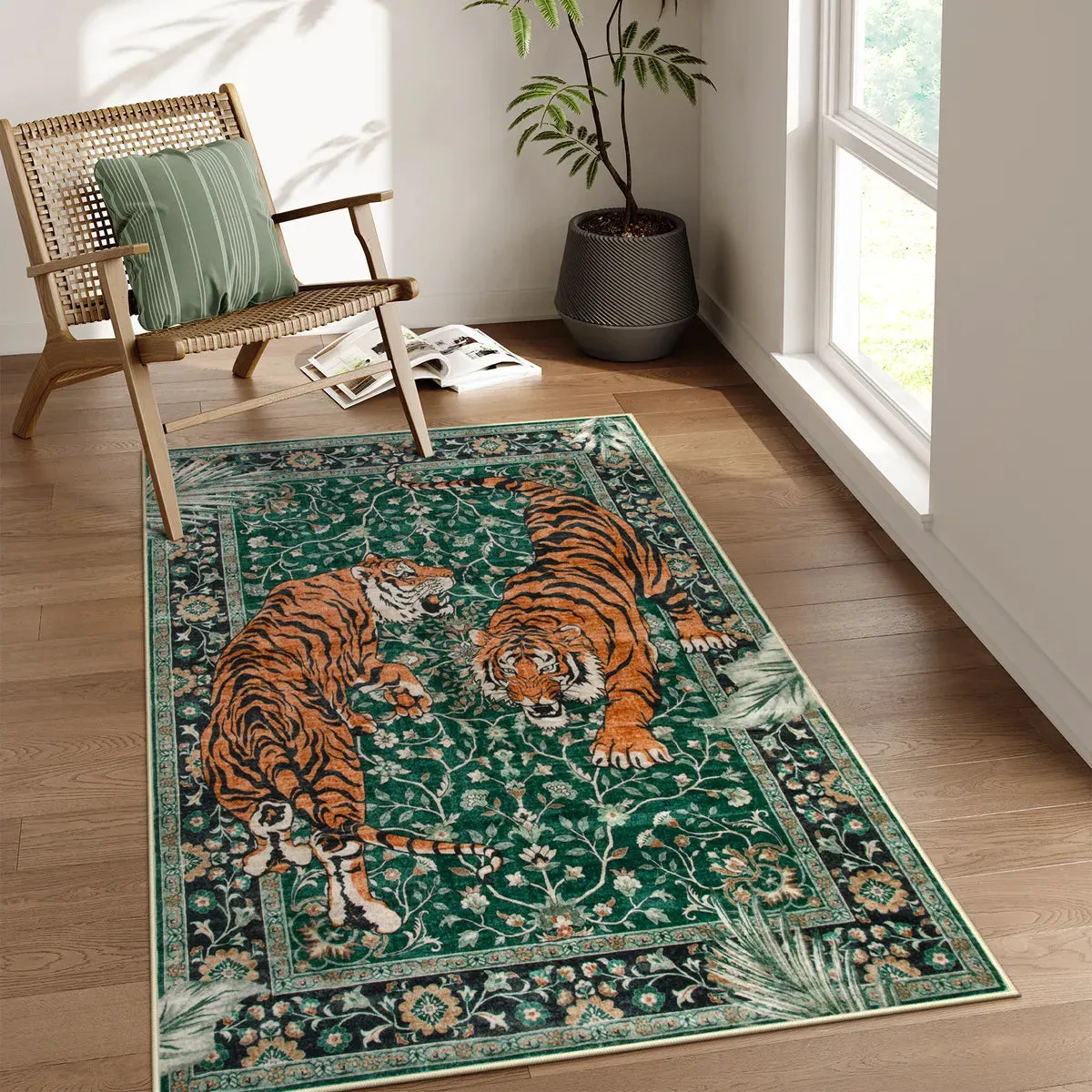 Rava Washable Tiger Rug - Green, Faux Wool product