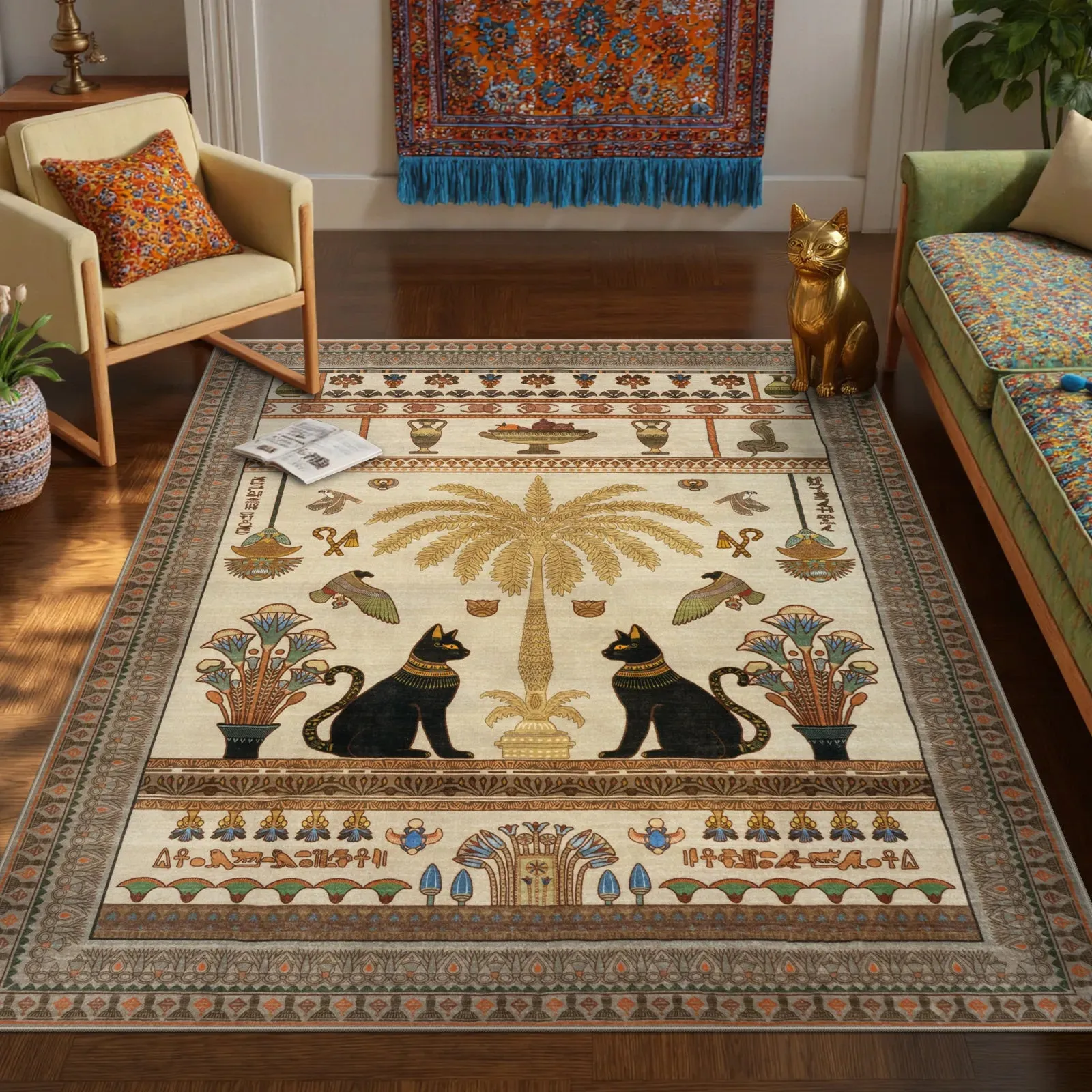 Ravin Egyptian Revival Cat Washable Rug - Beige, Faux Wool product
