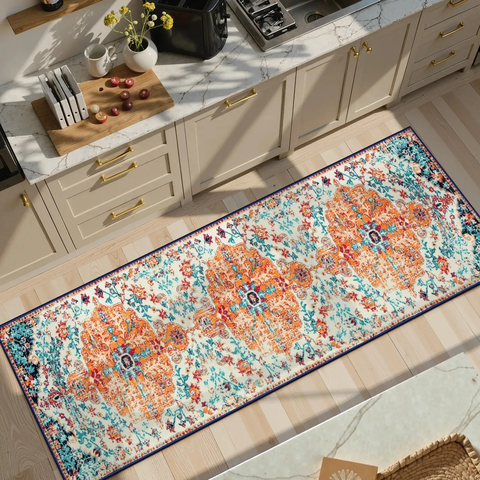 Reine Bohemian Floral Medallion Rug - Orange, Faux Wool product