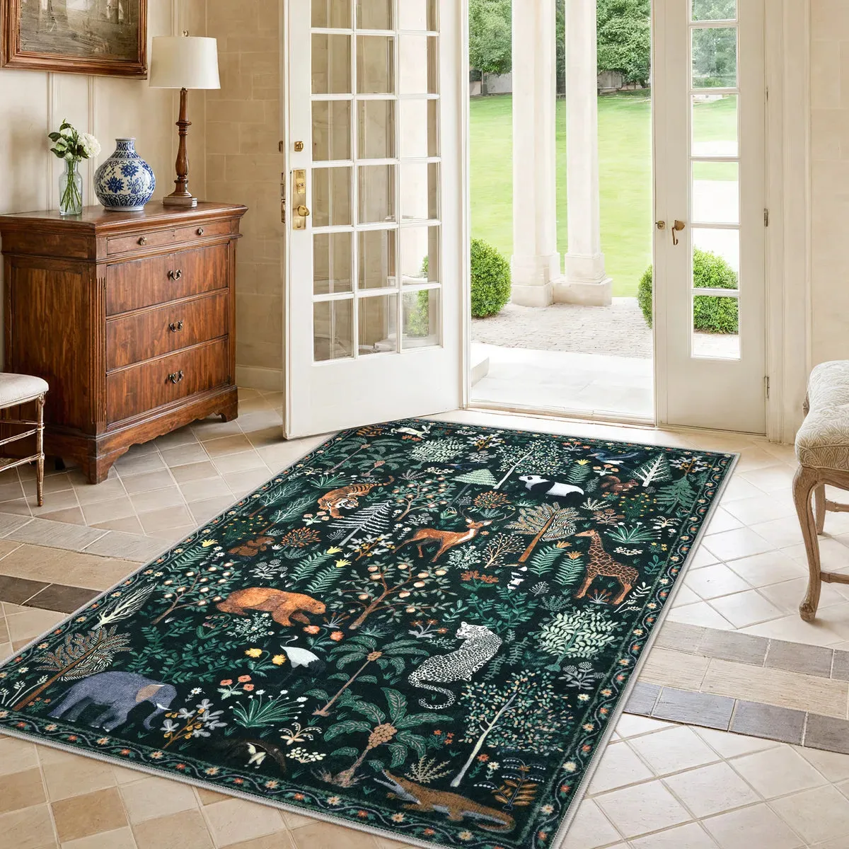 Roam Jungle Animals Washable Rug - Green, Faux Wool product