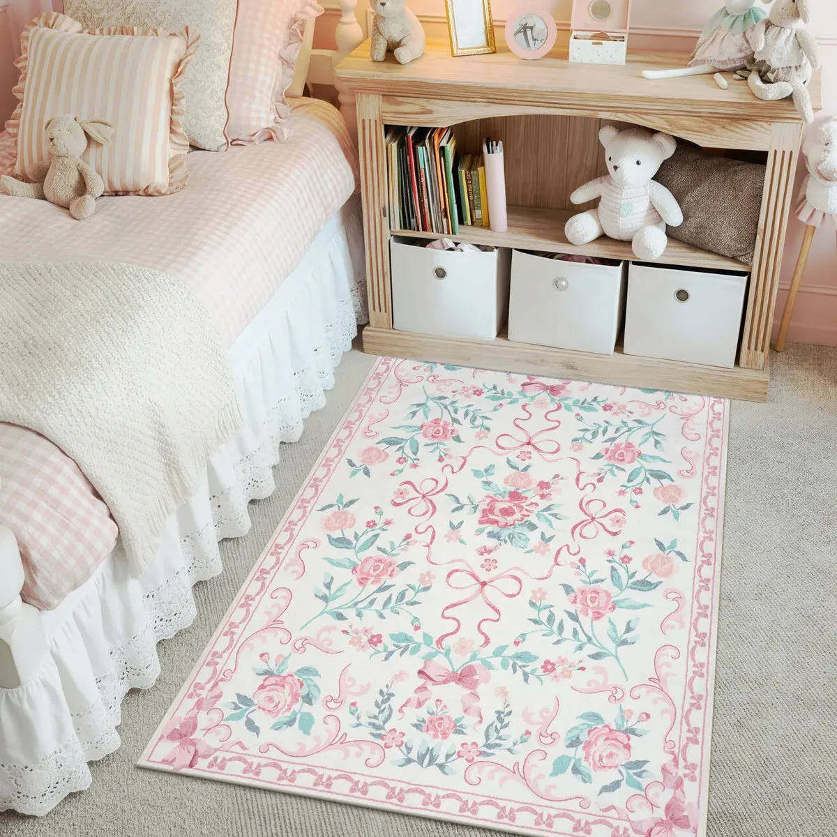 Rosabel Floral Bows Washable Rug - Pink, Faux Wool product
