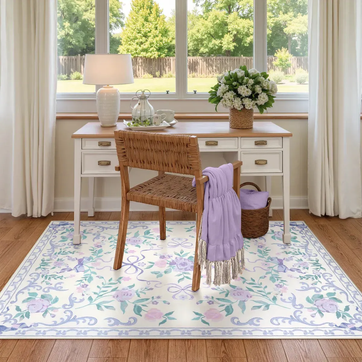 Rosabel Floral Bows Washable Rug - Purple, Faux Wool product