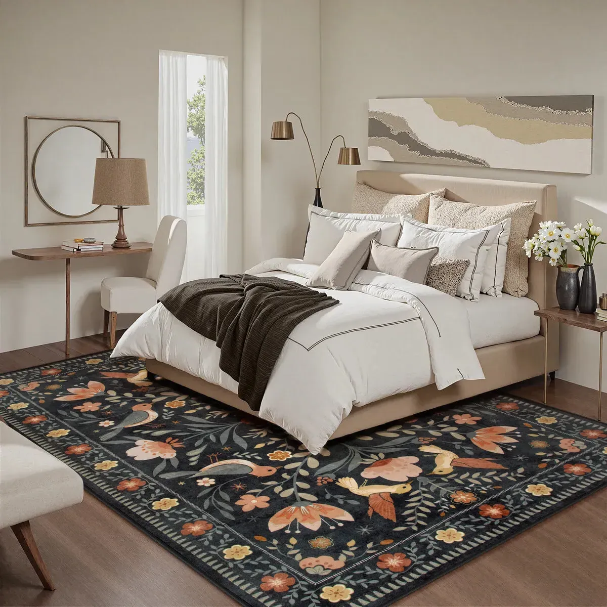 Rosalie Birdsong Floral Washable Rug - Black, Synthetic Faux Wool product