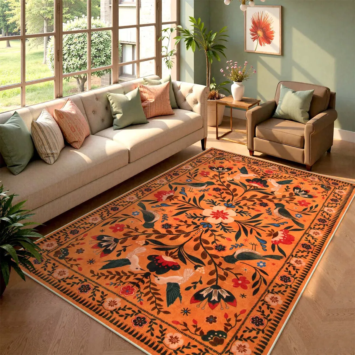 Rosalie Boho Birdsong Floral Rug Machine Washable - Orange product