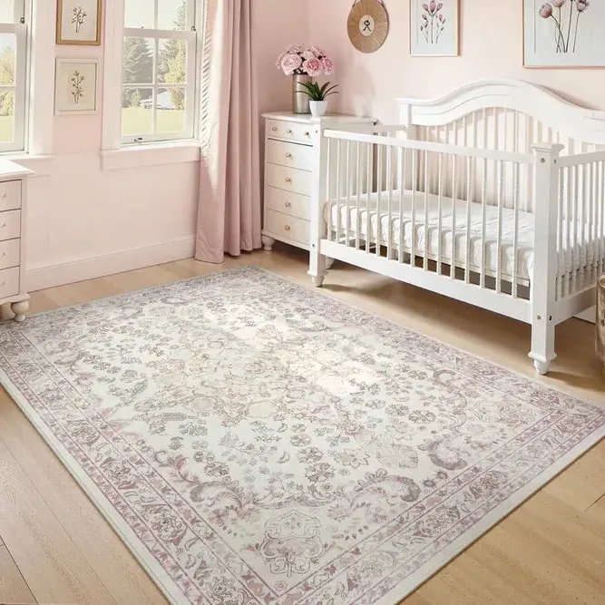 Serelle Washable Vintage Persian Rug - Pink, Faux Wool product