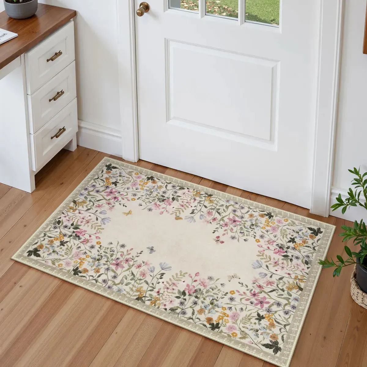 Solene Floral Washable Rug - Beige, Synthetic Faux Wool product