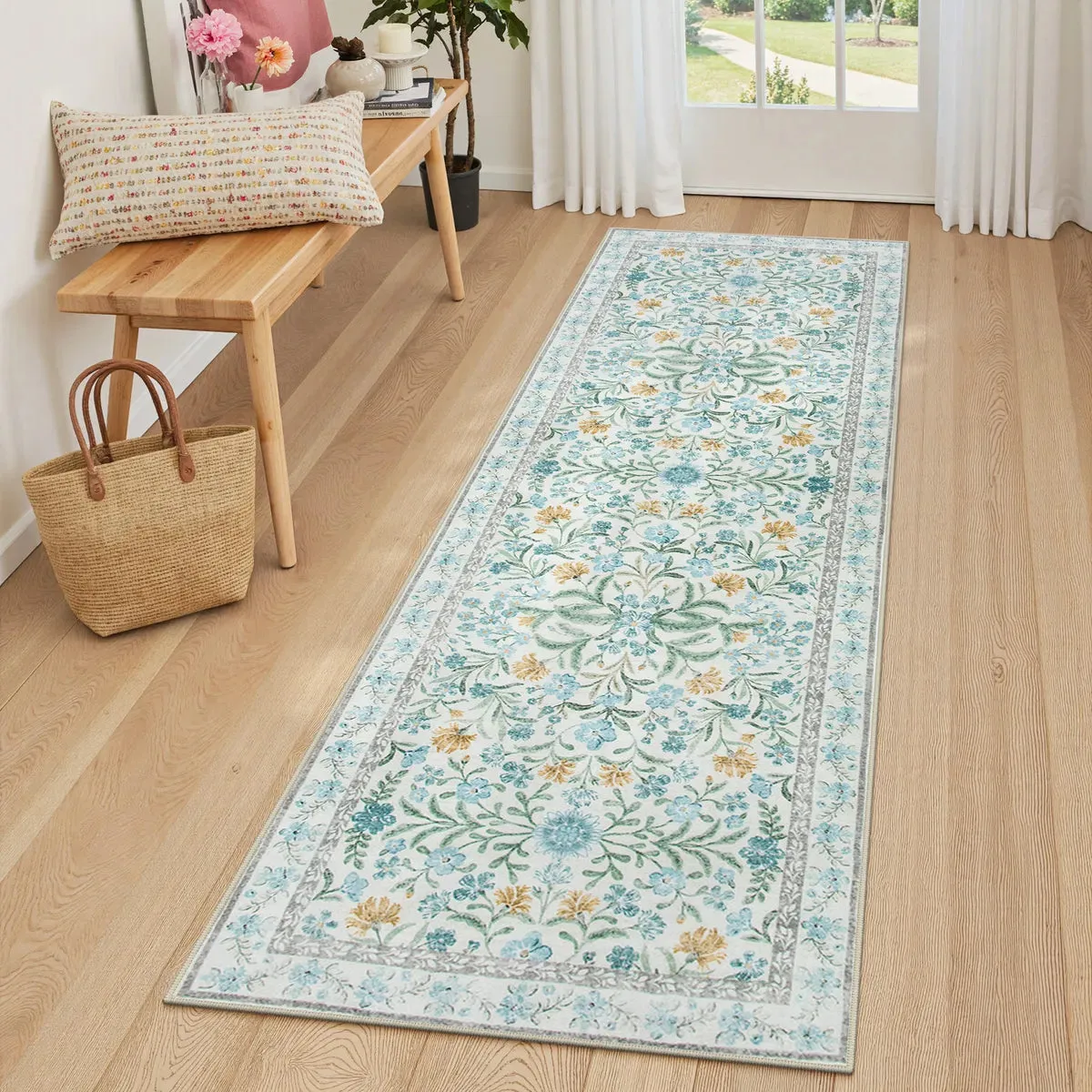 Sylvie Floral Boho Runner Rug Machine Washable - Blue, Faux Wool product