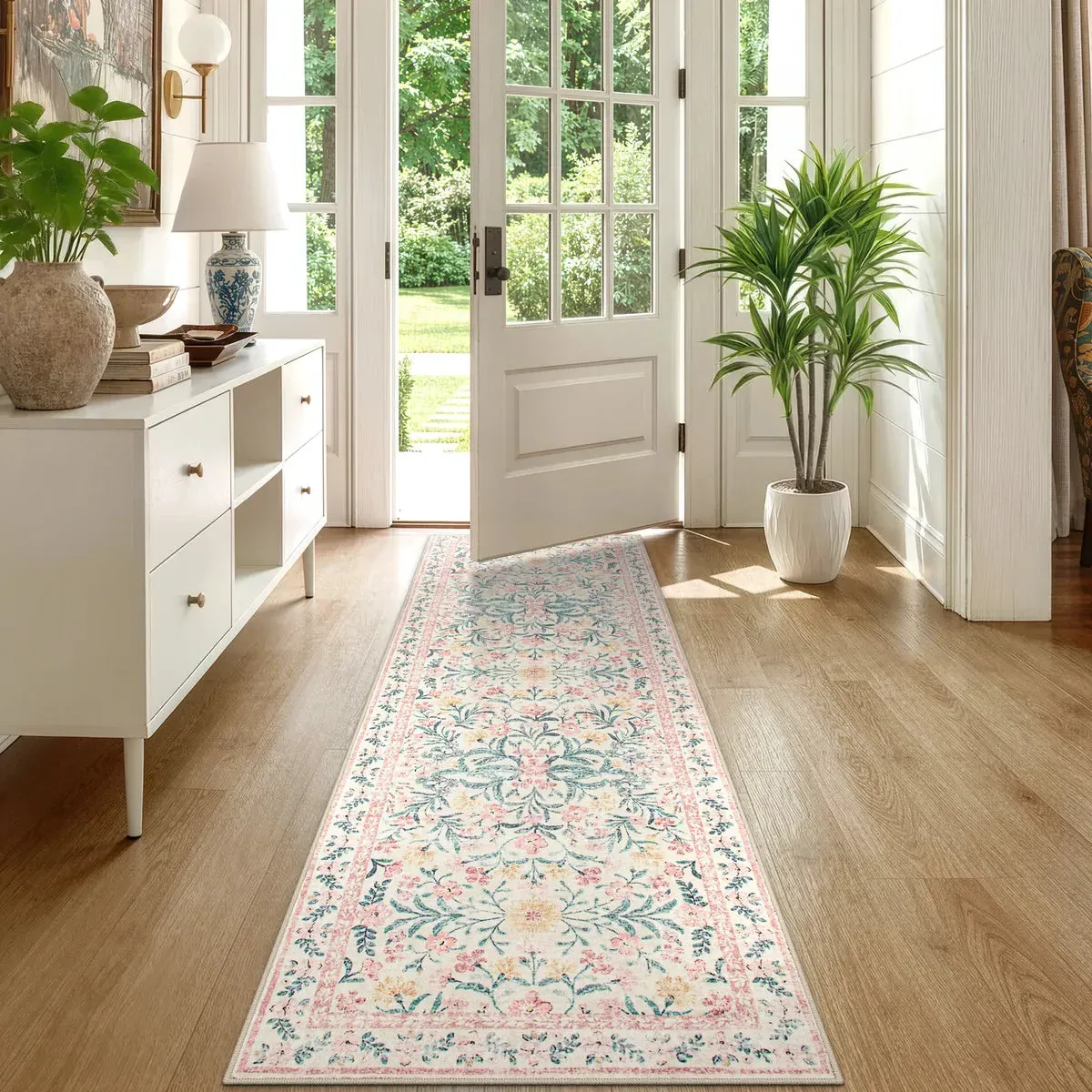 Sylvie Floral Runner Rug Machine Washable - Pink, Faux Wool product