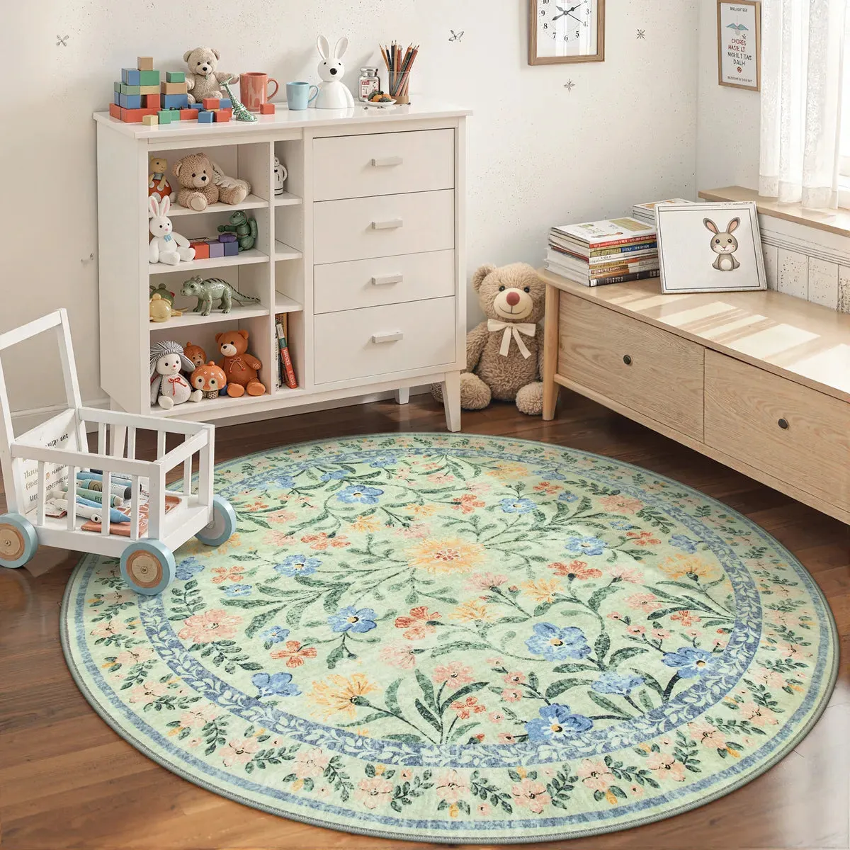 Sylvie Round Floral Rug Machine Washable - Green, Faux Wool product