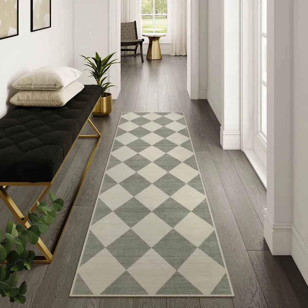 Varell Geometric Checkered Runner Rug - Green, Faux Wool product
