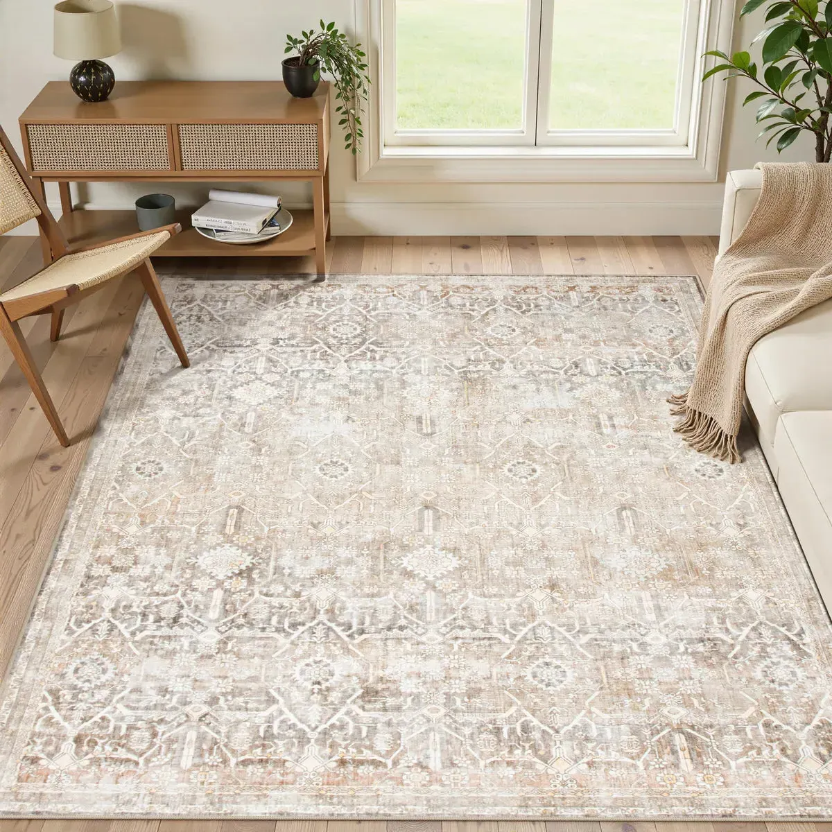 Velora Vintage Area Rug Machine Washable - Beige, Faux Wool product