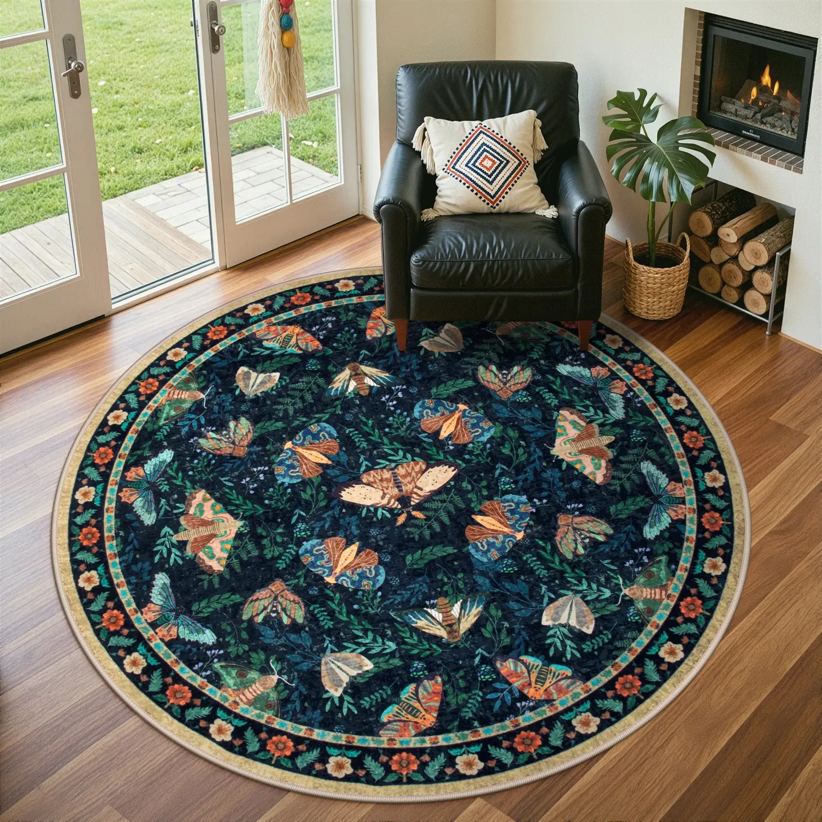 Villette Round Botanical Insect Rug - Blue, Faux Wool product