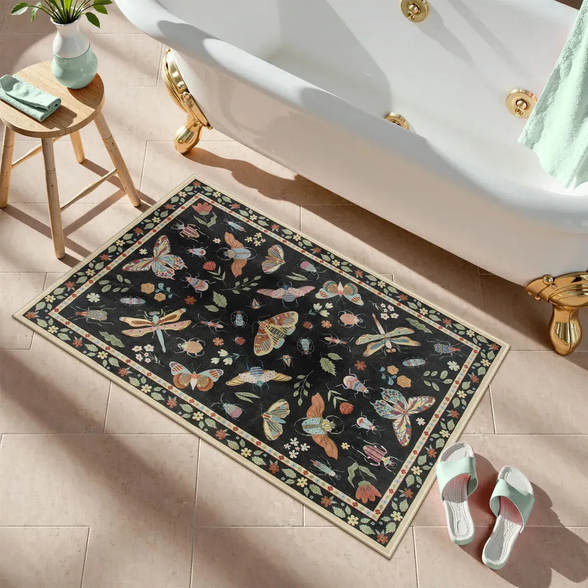 Vionnet Parisian Insect Washable Rug - Black, Synthetic Faux Wool product