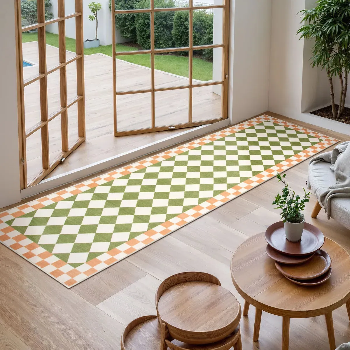 Virginie Checkerboard Runner Rug - Green, Faux Wool product