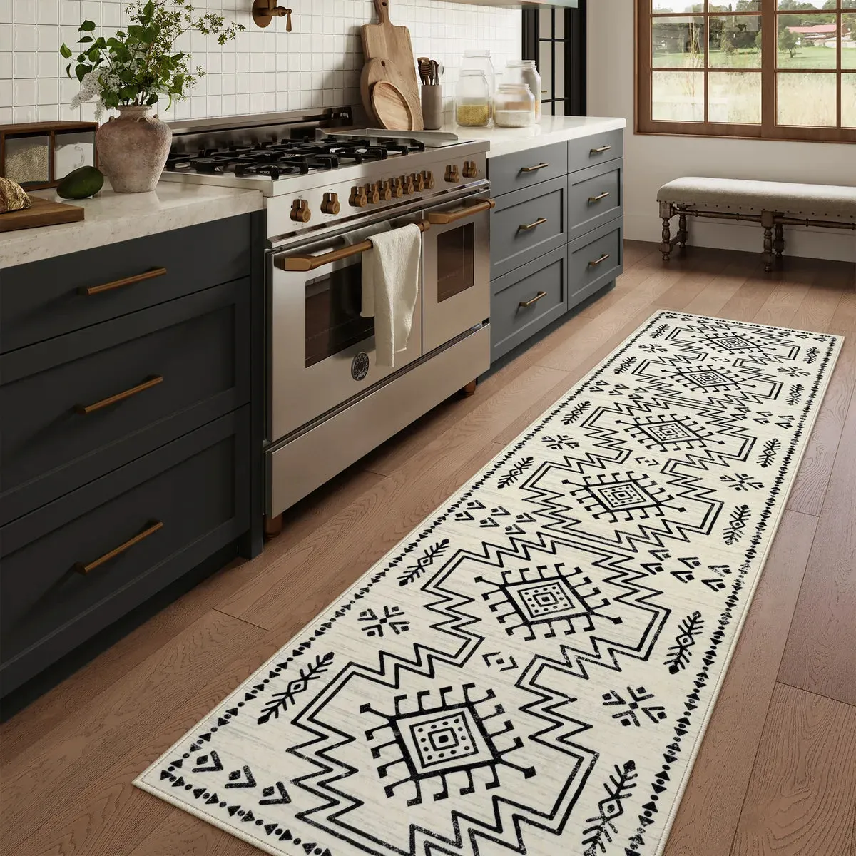 Vivienne Aztec Moroccan Distressed Runner Rug - Beige, Faux Wool product