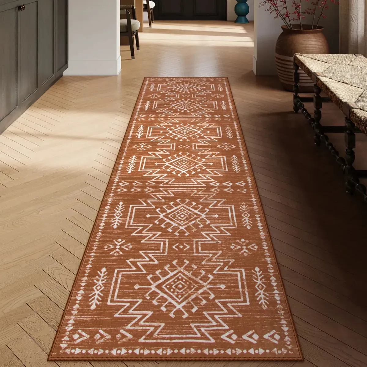 Vivienne Aztec Moroccan Distressed Runner Rug - Orange, Faux Wool product